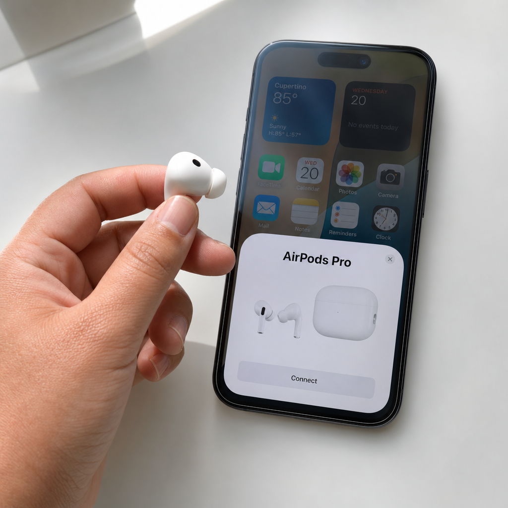 Un AirPod Pro 2 junto a un iPhone