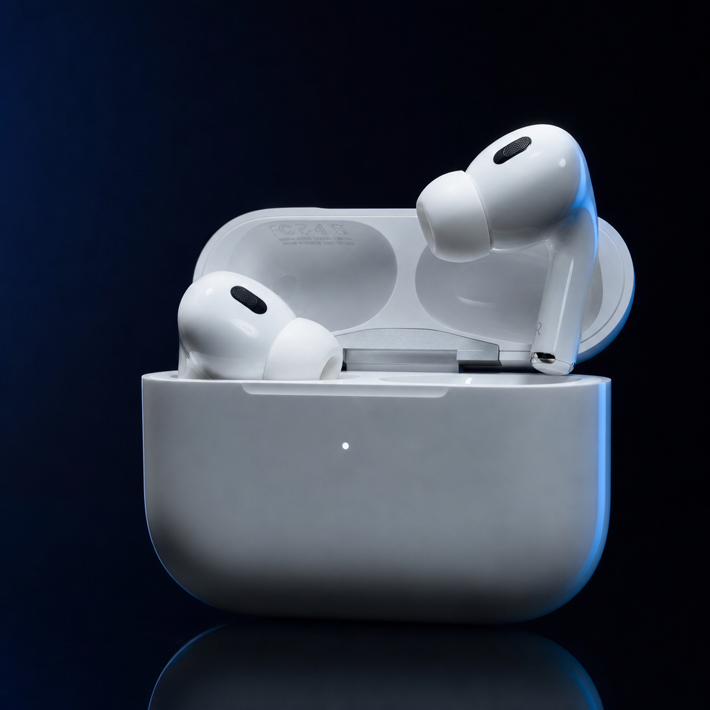 AirPods Pro 2 con su estuche de carga sobre un fondo oscuro