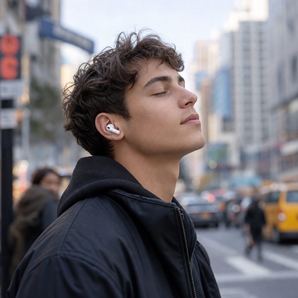 Persona relajada usando AirPods Pro 2 en plena ciudad