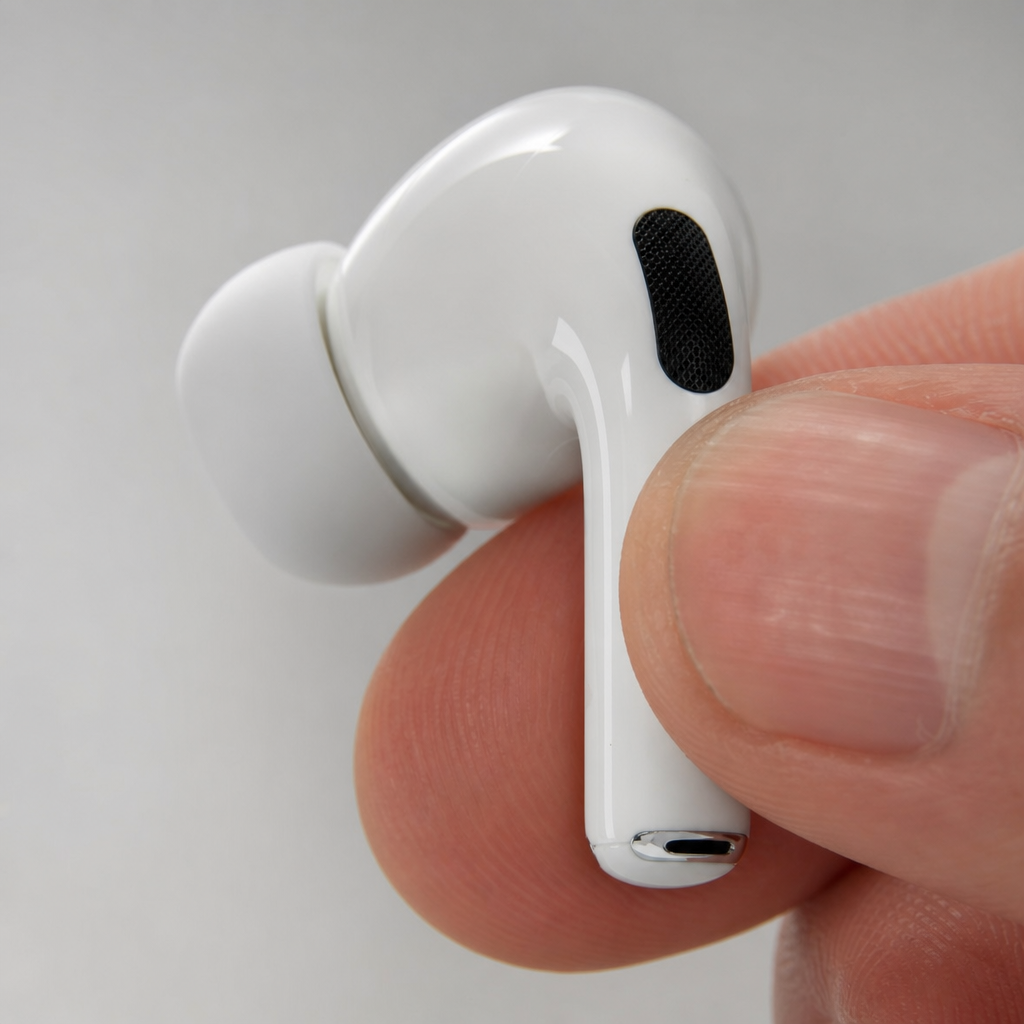 Dedos controlando la reproducción tocando el tallo de un AirPod