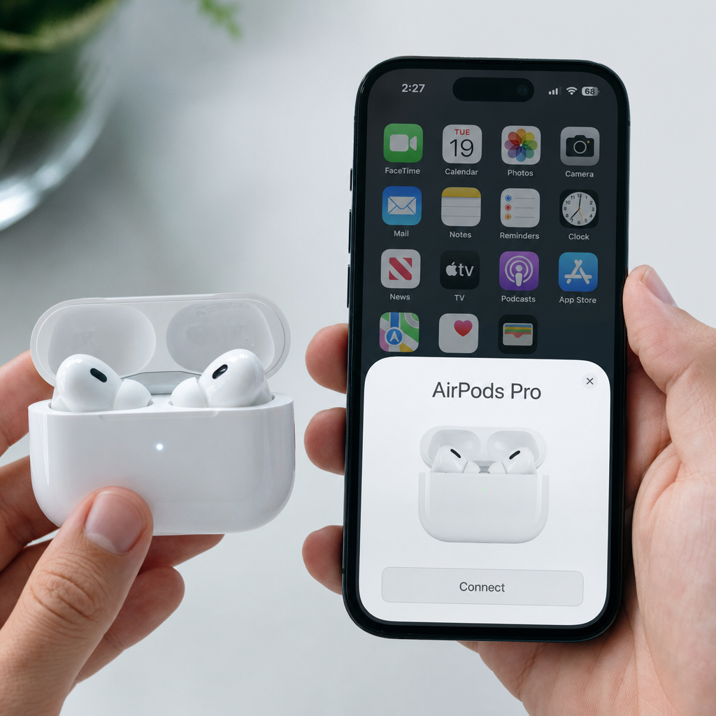 Estuche de AirPods abierto conectándose automáticamente con un iPhone